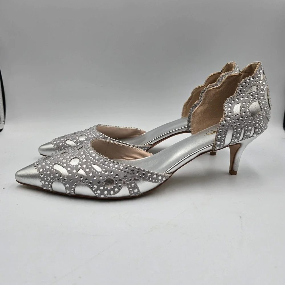 XYD Heels Women 14 D'Orsay Kitten Silver Rhinestone Laser Cut Scalloped Big Girl